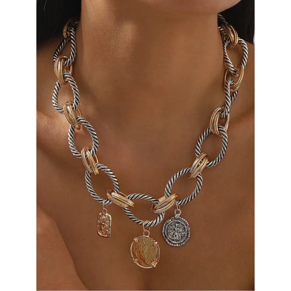 Zara Stainless Steel Two Tone Coin Statement Necklace Chunky Vintage Luxe Boho - Picture 4 of 15